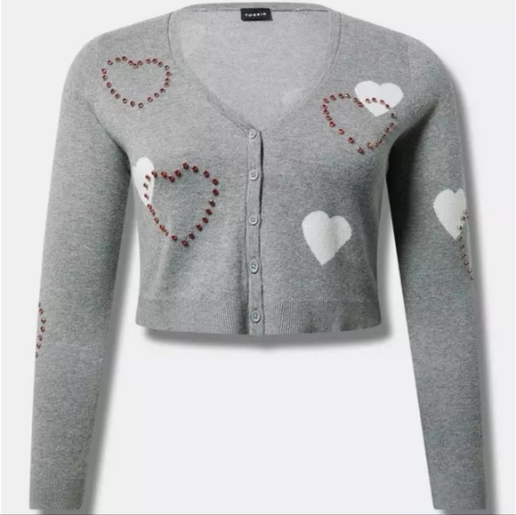 Torrid Long Sleeve Hearts Shrug Gray with Red Rhinestone Hearts 1X - Picture 5 of 12